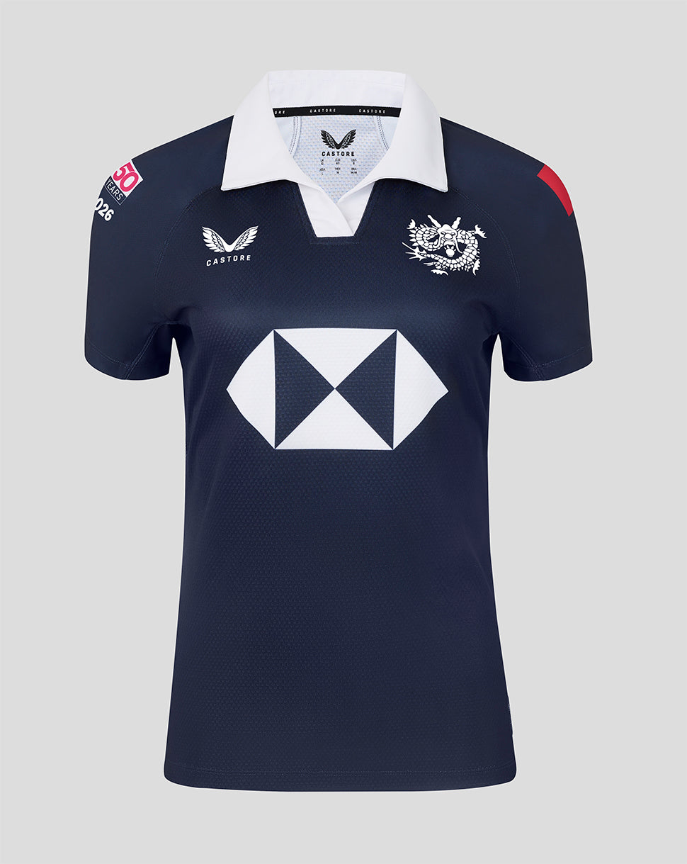 Navy blue sports jersey with white logo and branding on a gray background