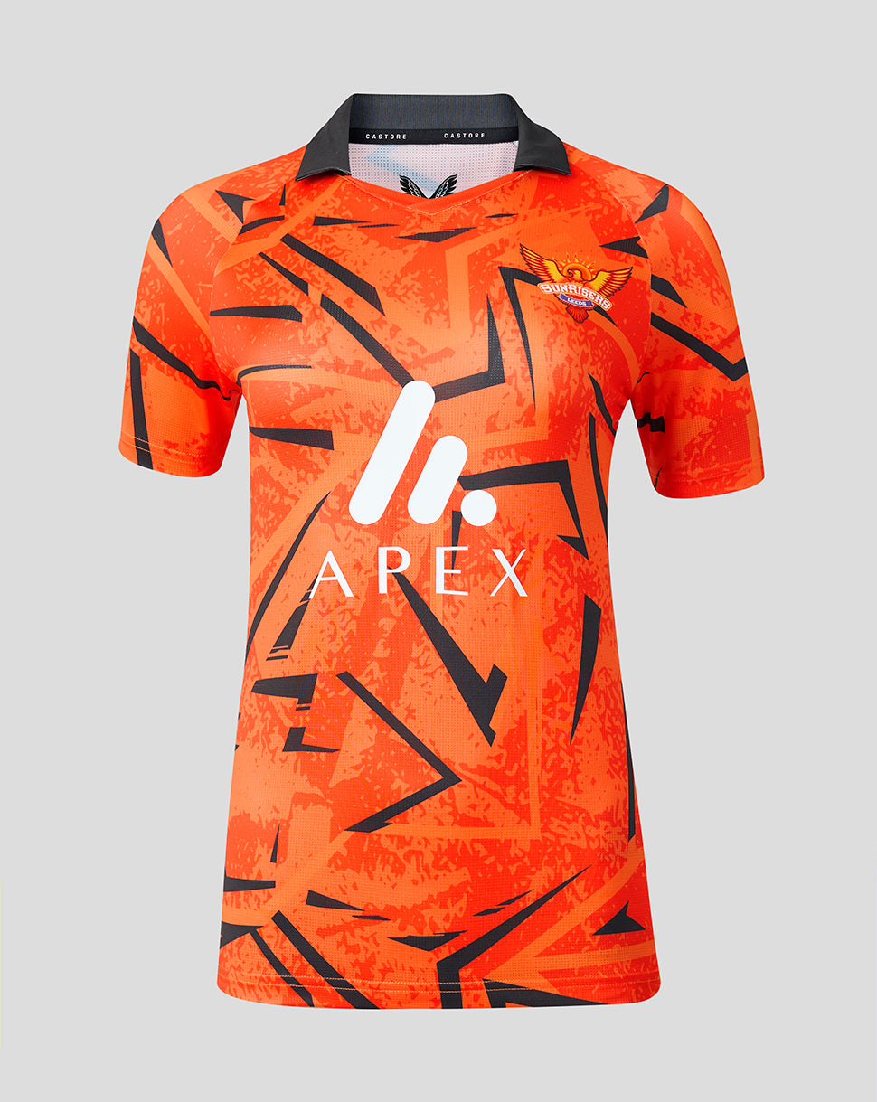 Front view of women's orange Sunrisers Leeds The Hundred jersey with black geometric print and round neck