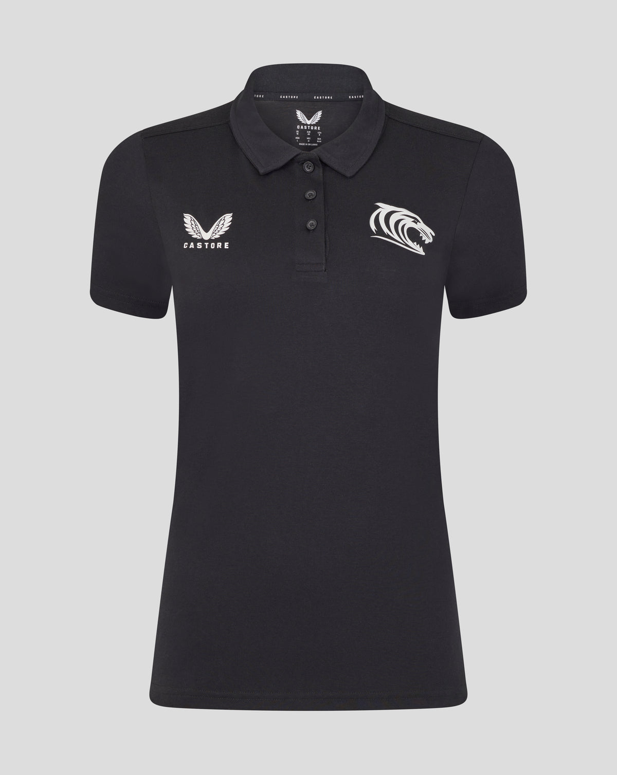 Front view of black Leicester Tigers training polo with wing logo on left chest and tiger emblem on right
