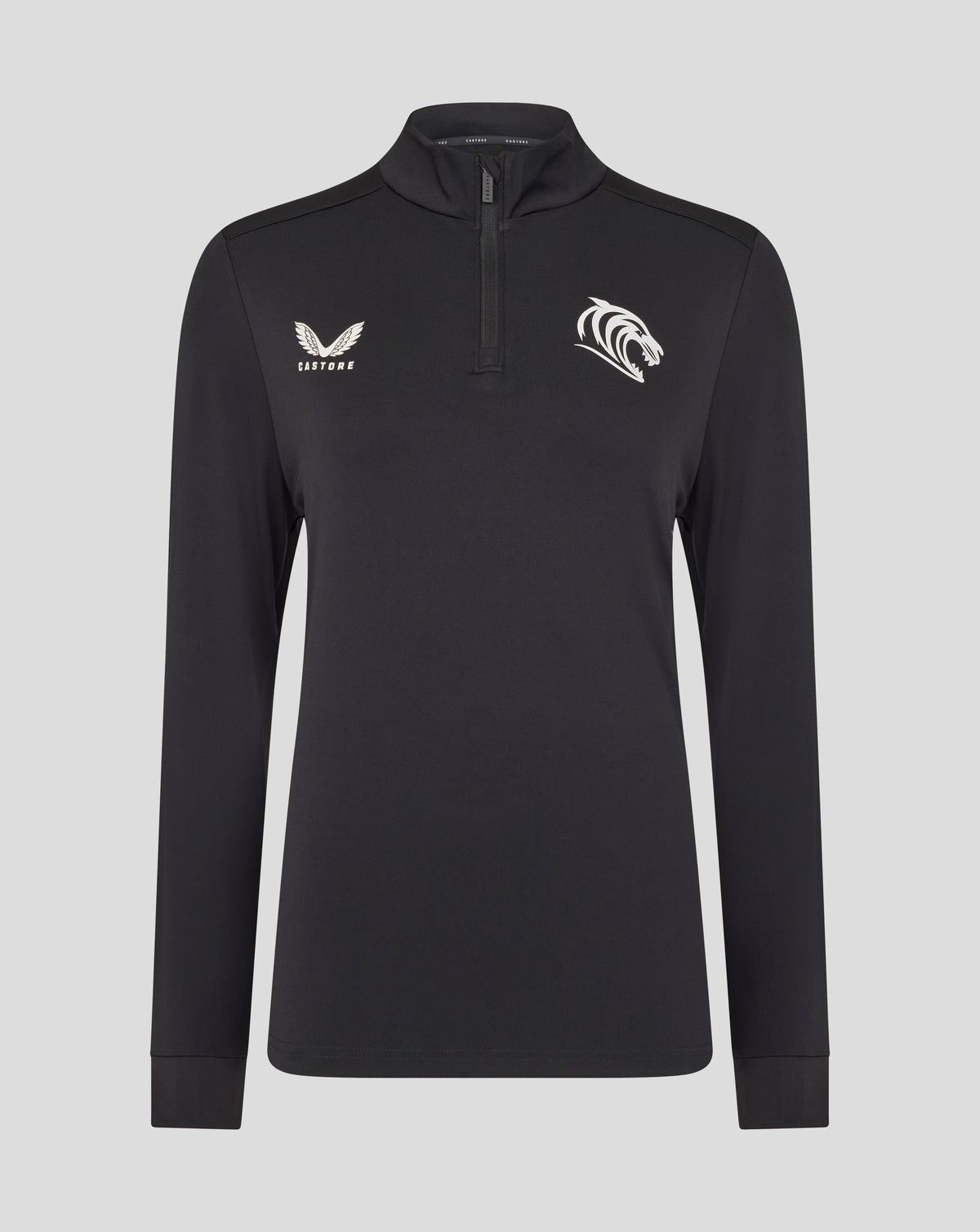 Black Caviar Leicester Tigers women's training midlayer front view with left wing logo and right tiger head emblem