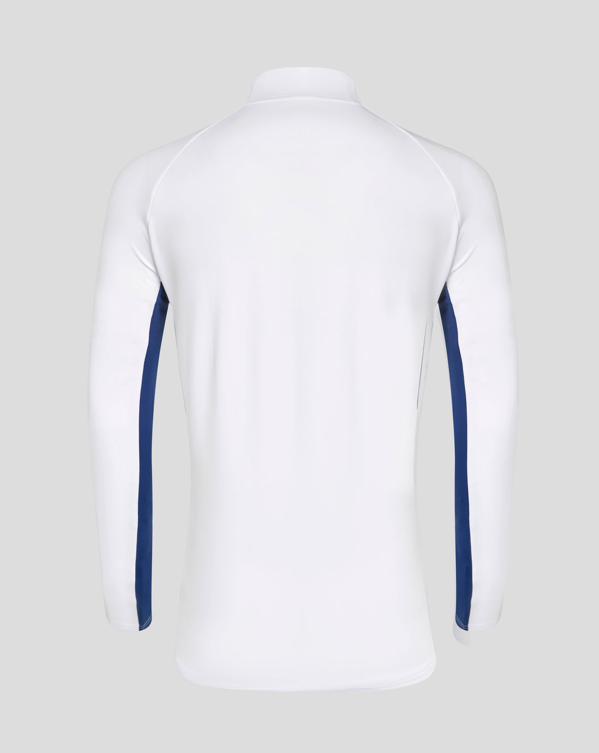 Back view of white Rangers 24/25 women's pro zip training top with blue side panels