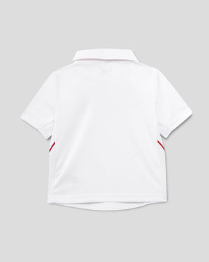 Back view of white England test infant shirt with collar and curved hem