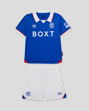 Front view of Rangers FC Infant 25/26 Home Kit featuring a blue jersey with white collar and BOXT sponsor paired with white shorts