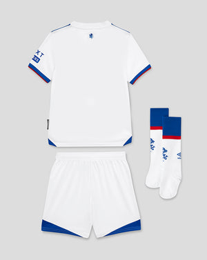 Rangers Infant 25/26 Away Kit with white jersey blue and red trim, plus matching shorts and socks