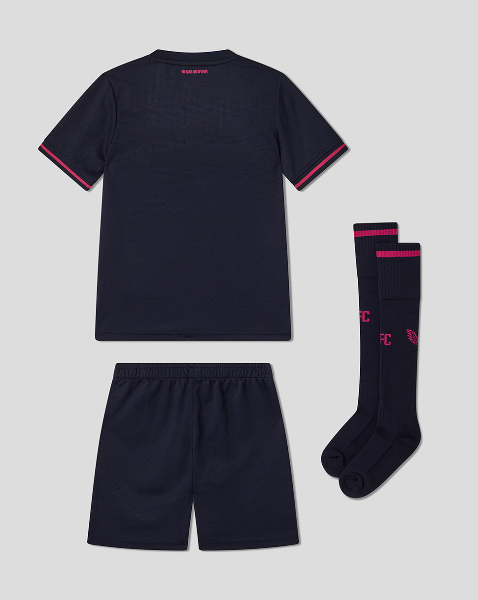 Navy sports outfit with shorts and socks on a light gray background