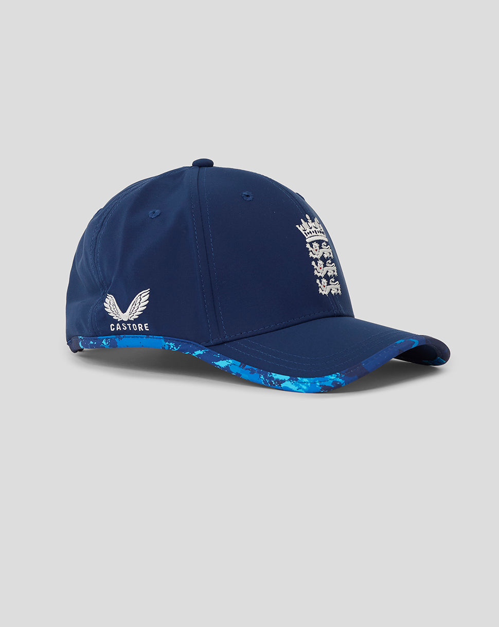 Navy blue cap with a logo on a gray background