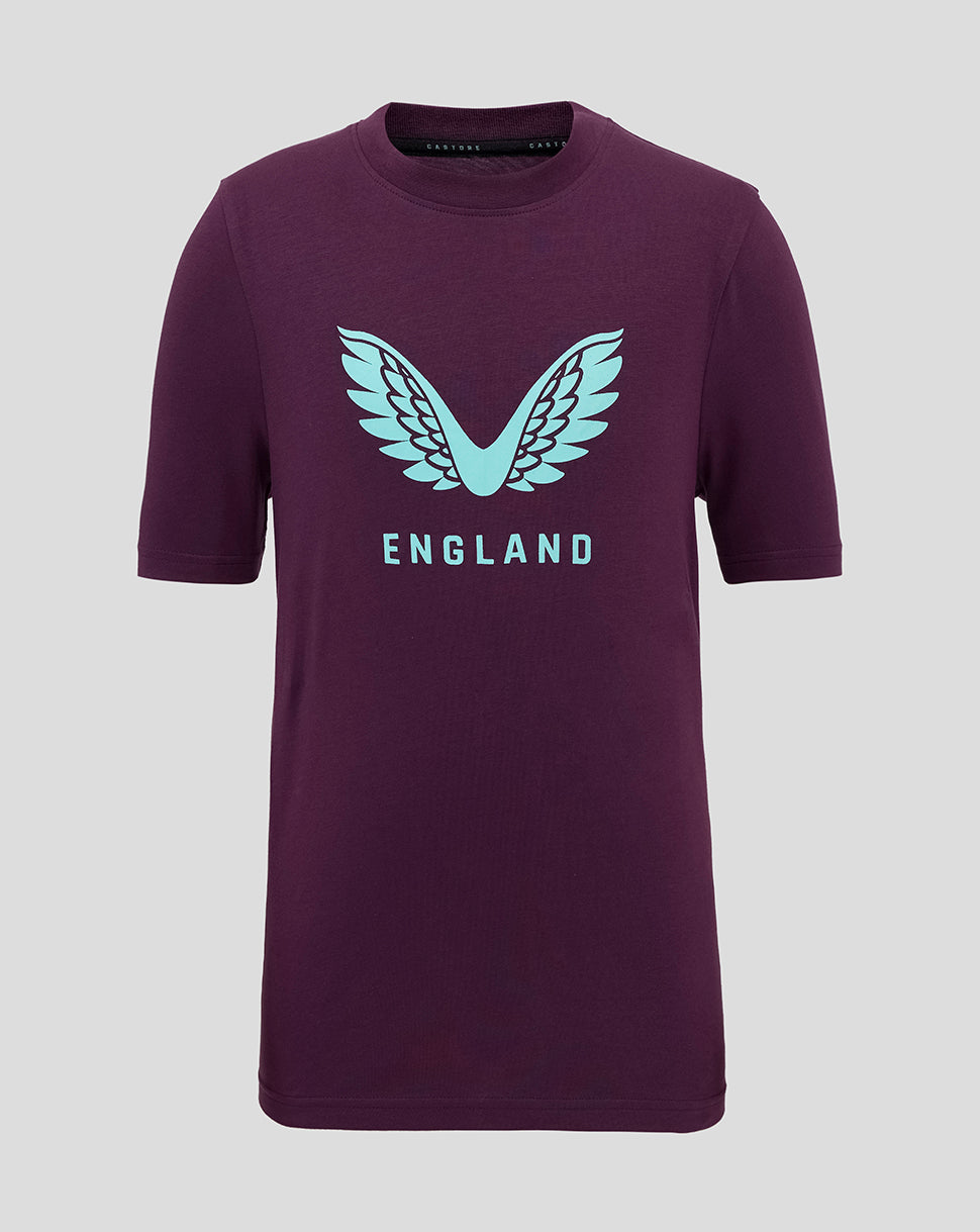 Junior England Cricket 25/26 Lock Up Logo T-shirt - Blackberry Wine/Aqua Splash