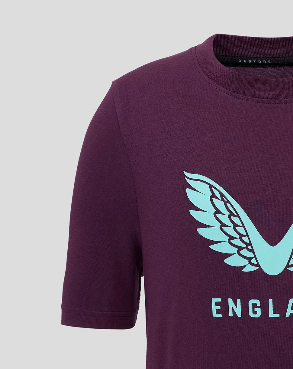 Junior England Cricket 25/26 Lock Up Logo T-shirt - Blackberry Wine/Aqua Splash