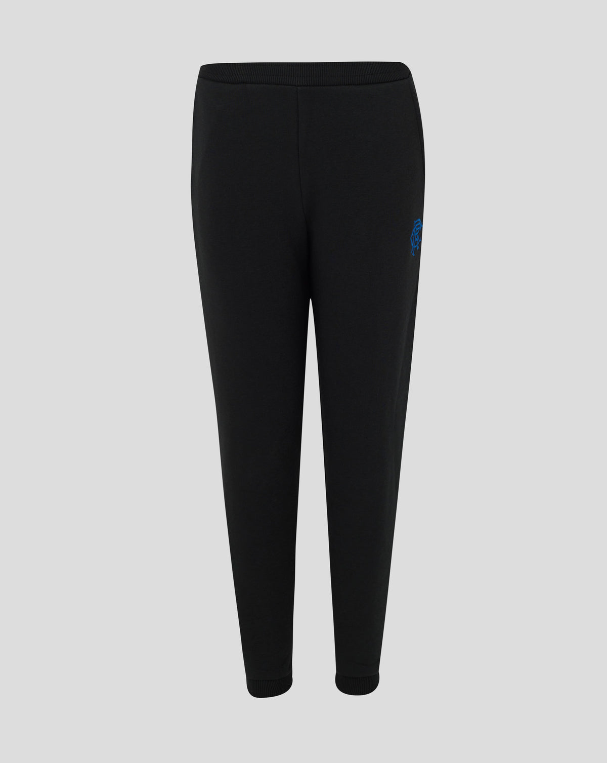 Front view of Rangers core joggers in black with a blue crest on the thigh and ribbed cuffs