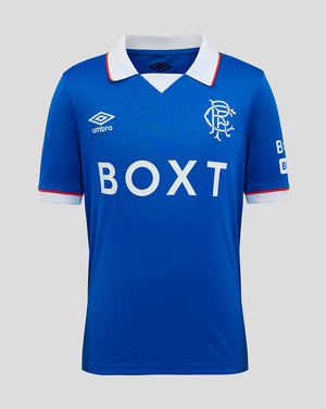 Front view of blue Rangers FC Junior 25/26 home shirt with white collar red trim and the large BOXT sponsor across the chest