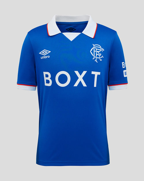 Front view of blue Rangers FC Junior 25/26 home shirt with white collar red trim and the large BOXT sponsor across the chest
