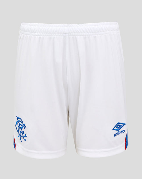 Back view of white Rangers FC men's home shorts with blue hem trim crest on left leg and Umbro logo on right.