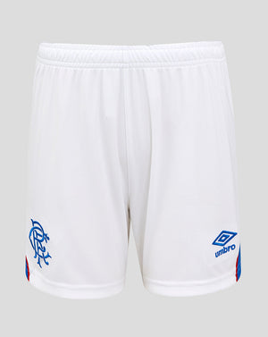 Front view of Rangers FC Junior home shorts in white with blue trim, crest on left leg and Umbro logo on right
