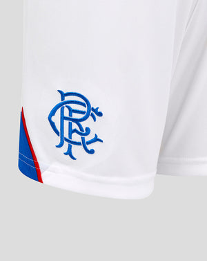 Side view of white Rangers FC men's home shorts showing the crest on the left leg and the Umbro logo on the right.