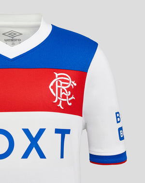 Rangers Junior 25/26 Away Shirt front close up with blue shoulder panel and red chest stripe