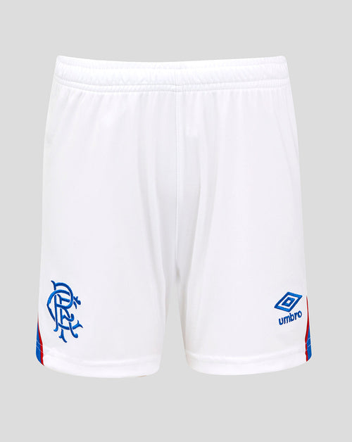 White Rangers junior away shorts with blue angled hems, crest on left thigh and Umbro logo on right thigh.