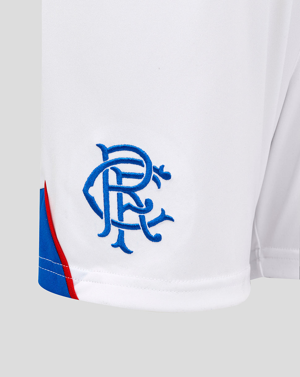 White Rangers Junior away shorts with angled side panel and blue red trim, featuring Umbro logo and club crest.