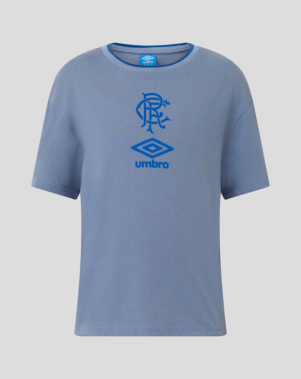 Rangers Adult travel short sleeve tee in grey with blue club crest and Umbro logo