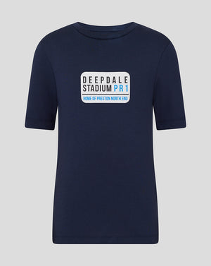 Front view of navy Preston Unisex Street Sign Tee with a white rectangular street sign graphic.