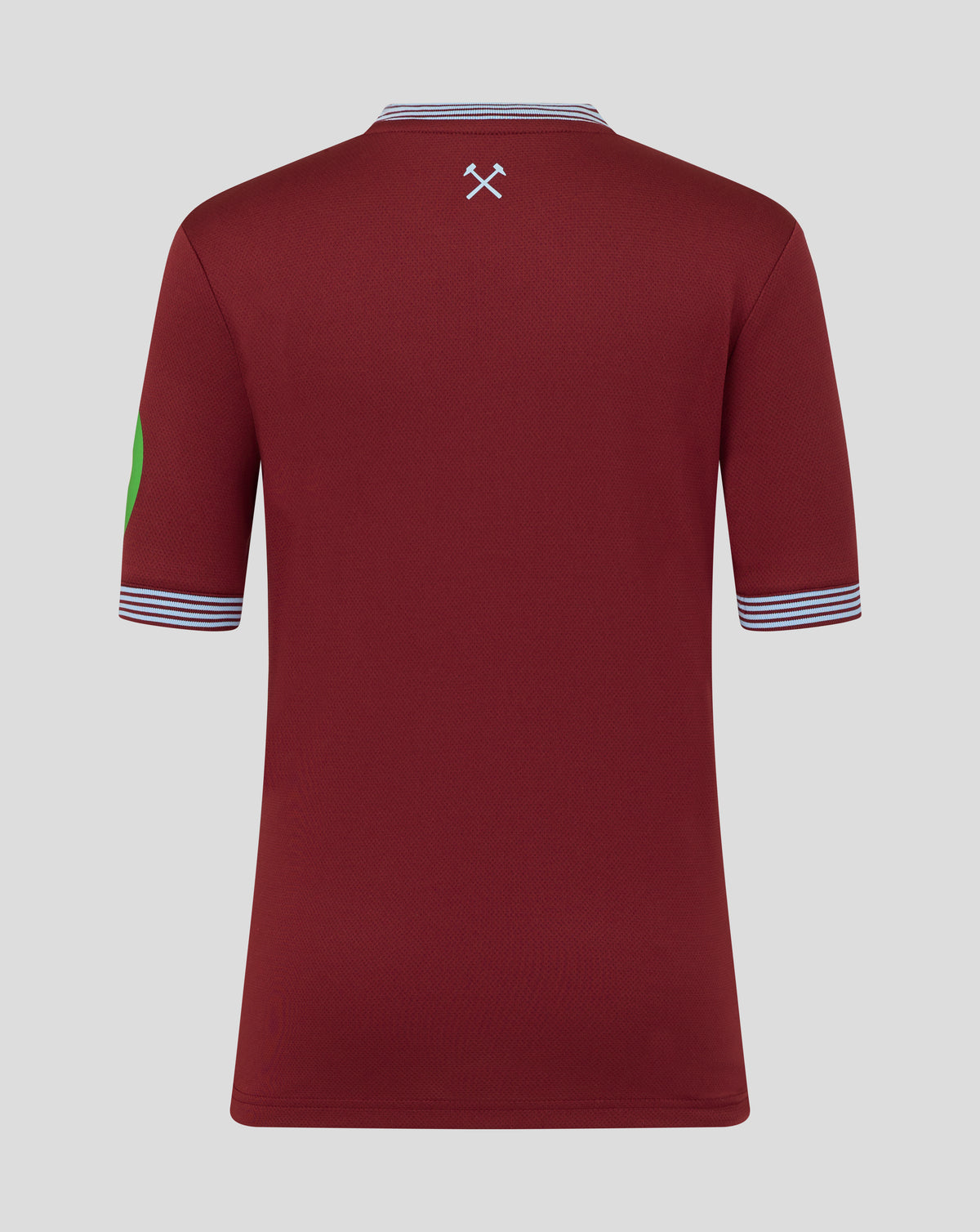 Back view of the West Ham Junior 25/26 home shirt in maroon with a small light blue crossed hammers emblem at the neck