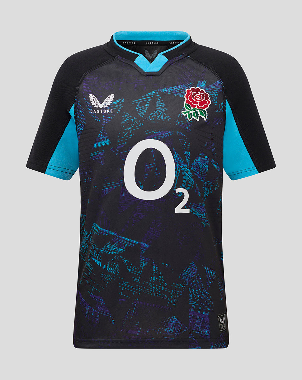 Front view of England Rugby 25/26 Alternate Pro Shirt Junior in black with electric blue sleeves, geometric blue pattern, white O2 sponsor, and rose crest on chest.