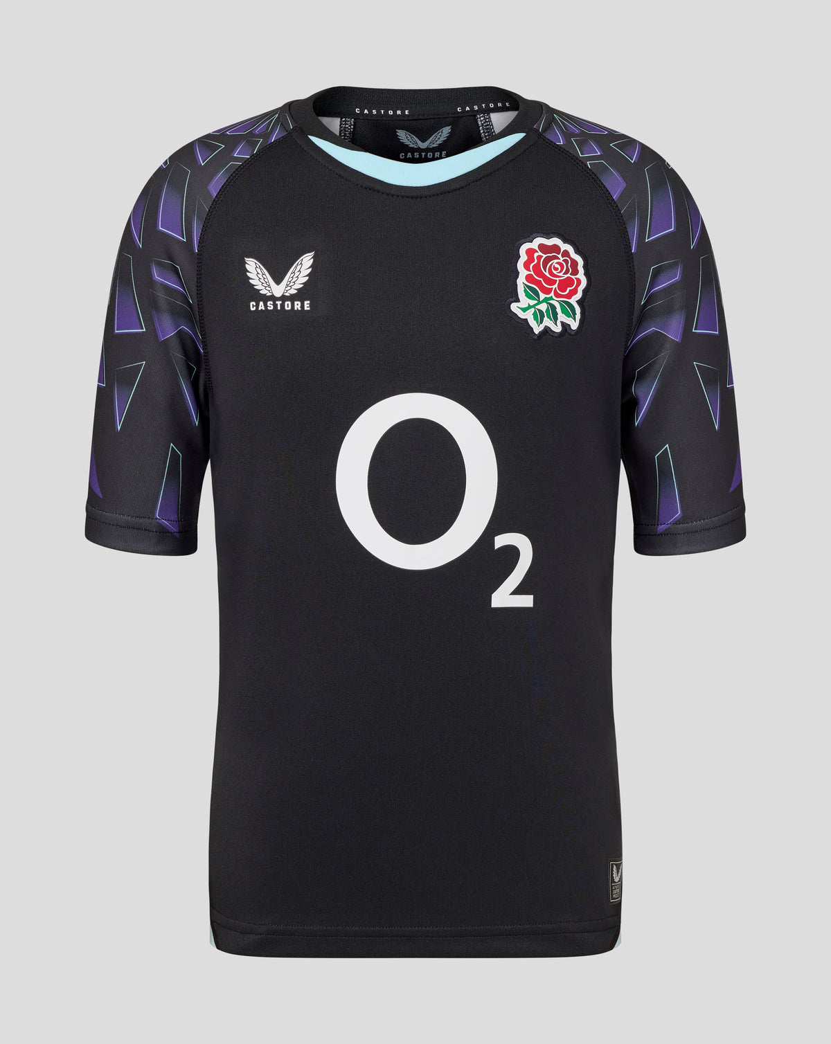 Front view of England Rugby Red Roses junior alternate replica shirt in black with purple geometric sleeves and large white O2 across the chest