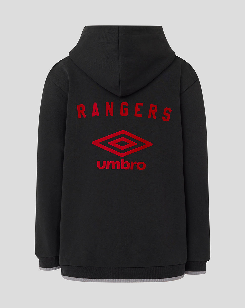 Back view of the black Rangers travel hoodie with bold red Rangers lettering and crest