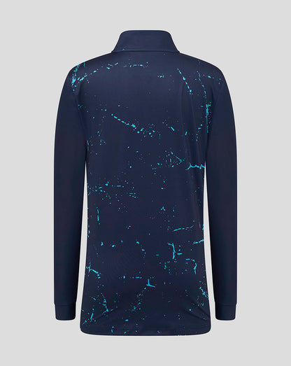Navy long-sleeve shirt with blue abstract pattern on a light gray background