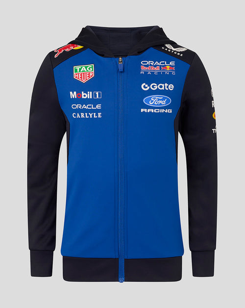 Blue and black hoodie with various brand logos on a gray background