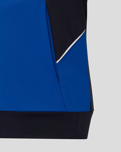 Close-up of a blue and black sports jacket on a light gray background
