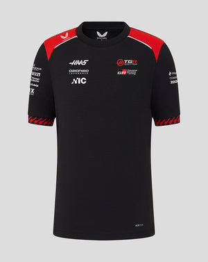 Black sports jersey with red accents and multiple brand logos on a gray background