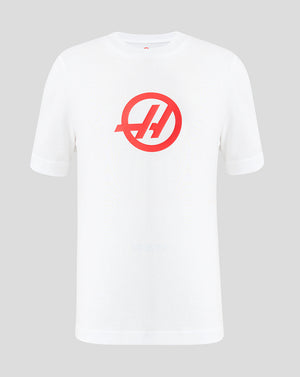 White t-shirt with a red logo on a gray background