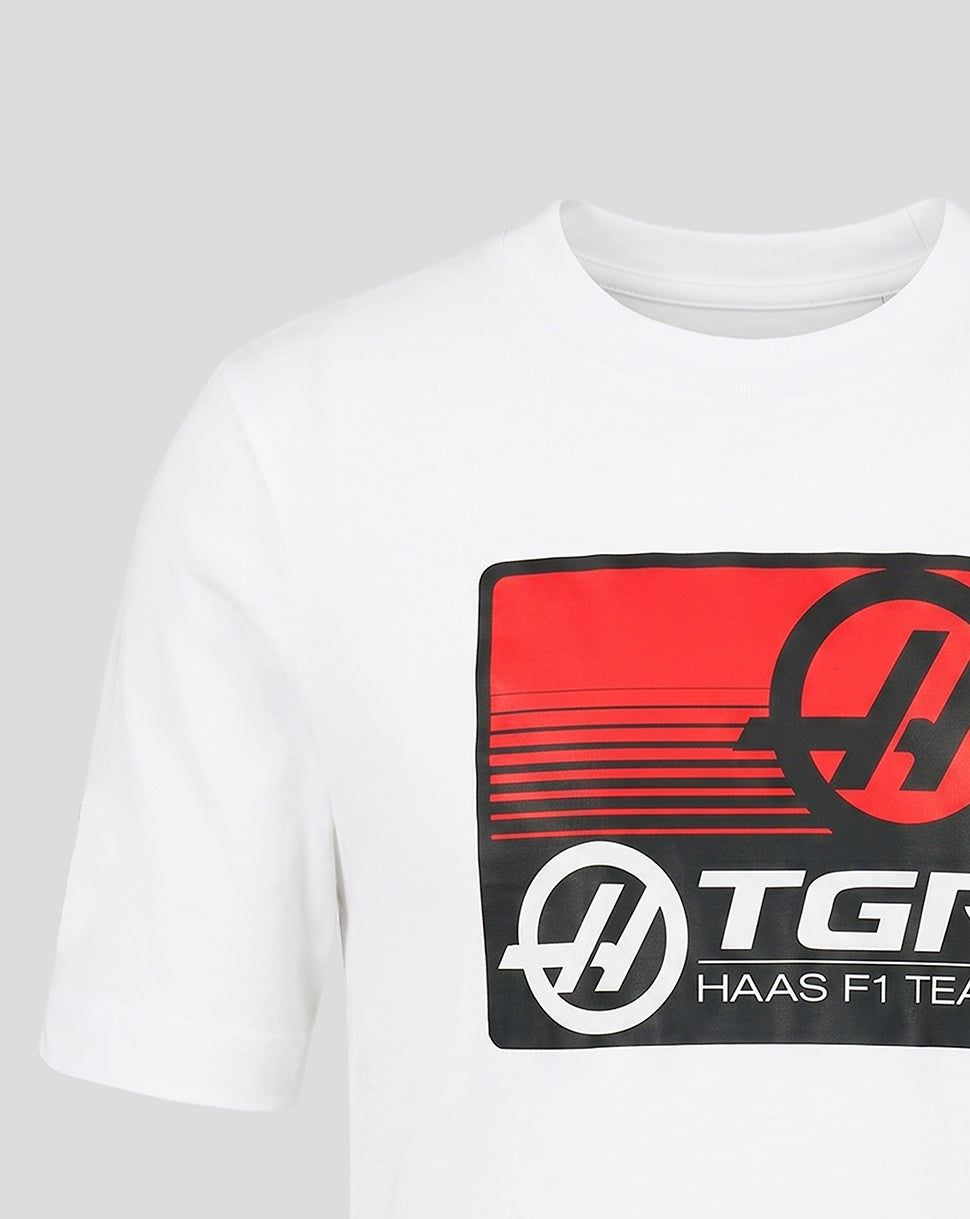 White t-shirt with red and black logo on a white background