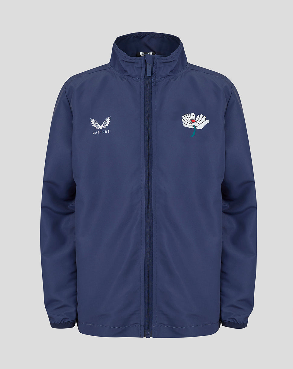 Navy jacket with embroidered logos on a light gray background