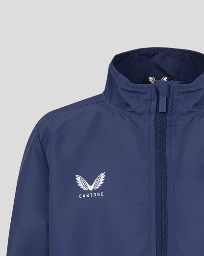 Navy blue jacket with a brand logo on a light gray background