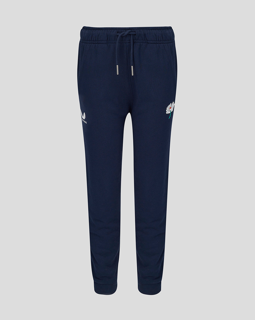 Navy blue jogger pants with a brand logo on a light gray background