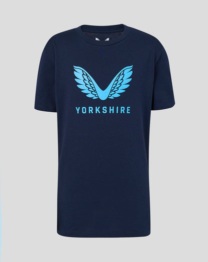 Navy blue t-shirt with blue 'Yorkshire' logo on a light gray background