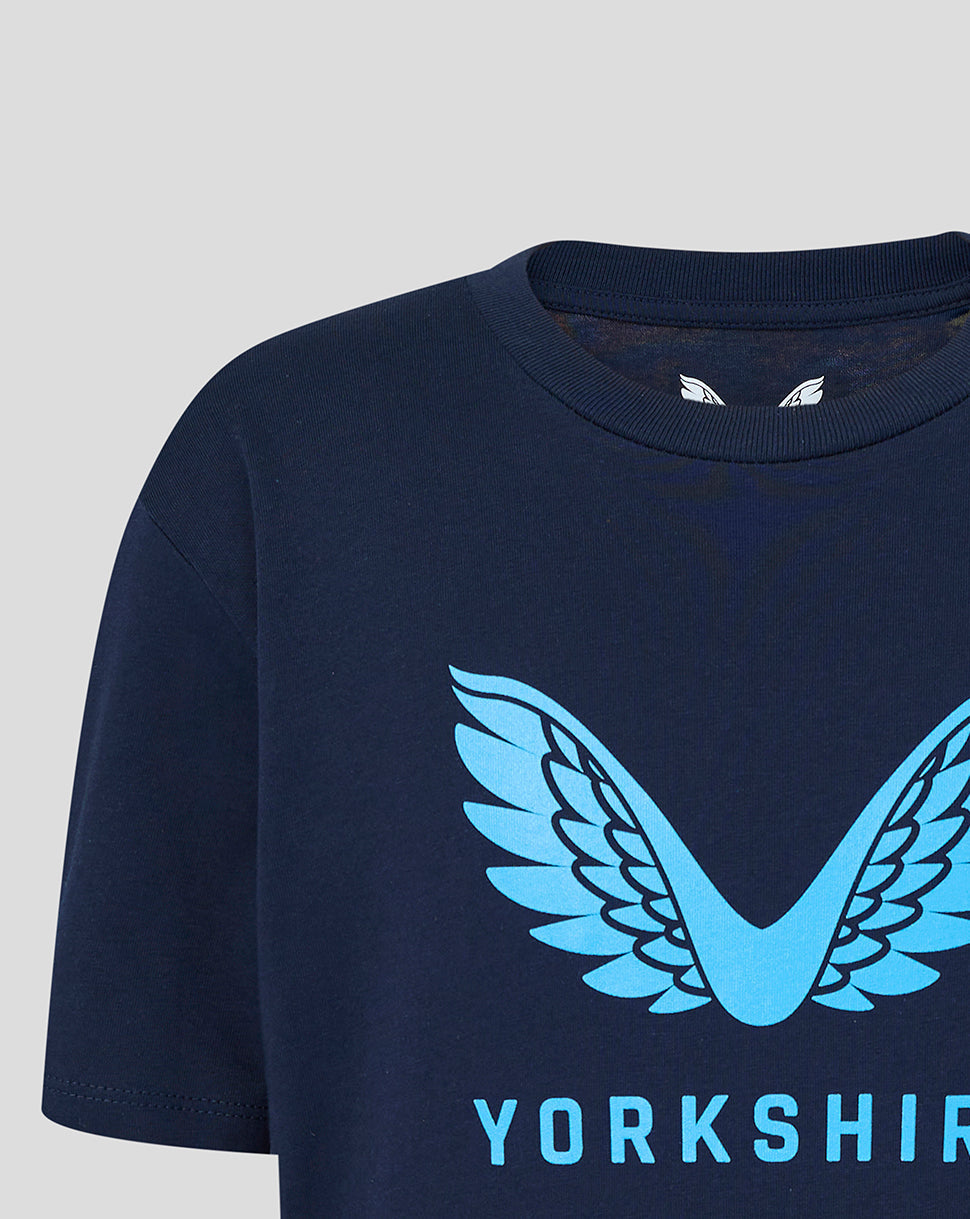 Navy blue t-shirt with a blue winged logo and 'YORKSHIRE' text on a light gray background