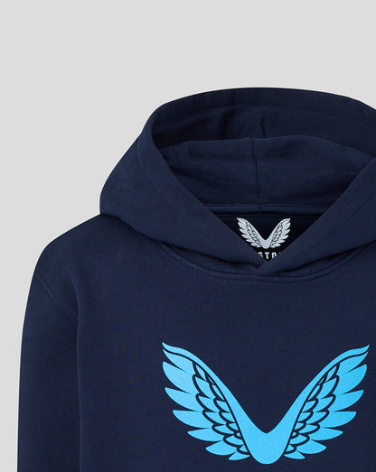 Navy hoodie with blue winged logo on a light gray background