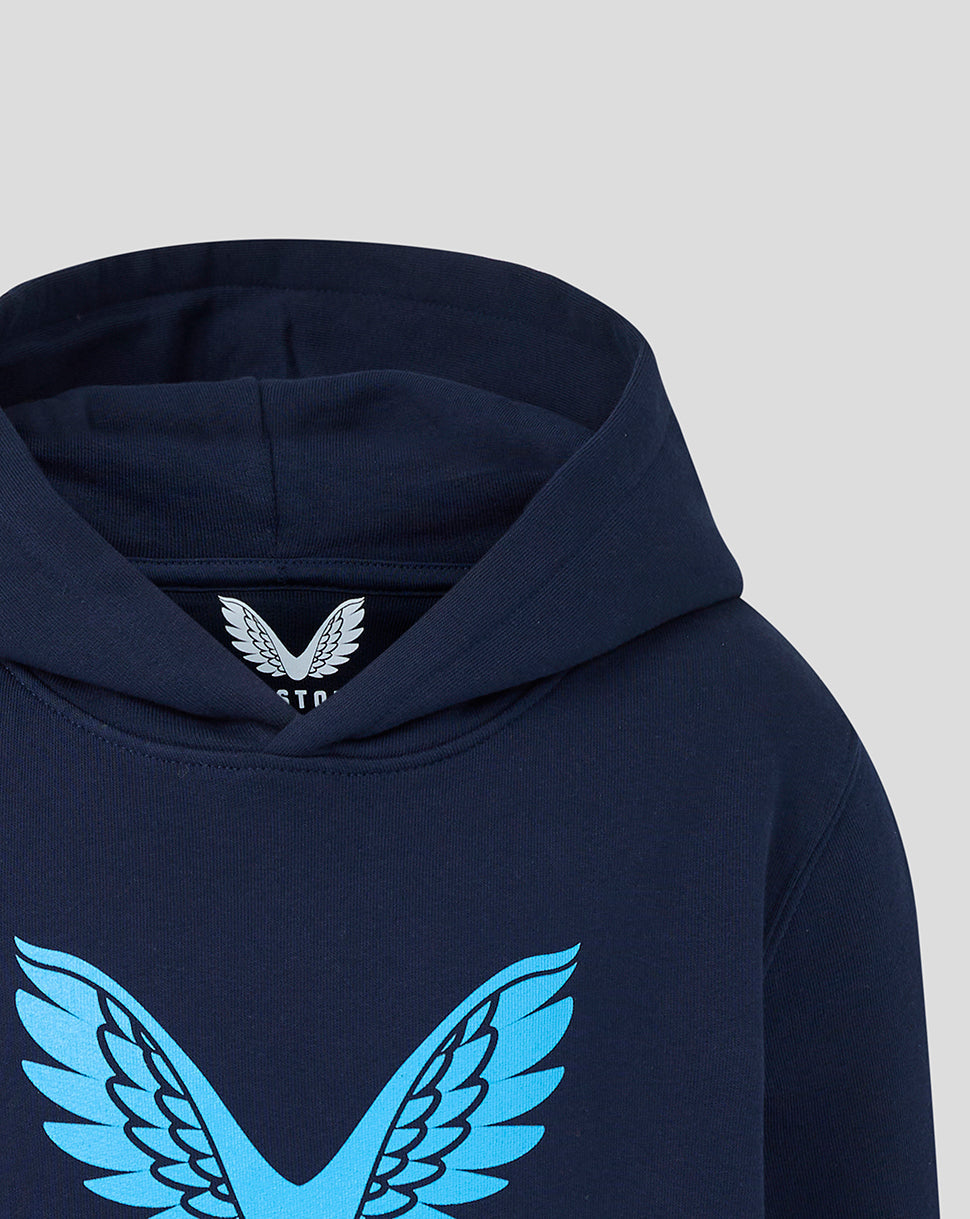 Navy hoodie with blue wings logo on a light gray background