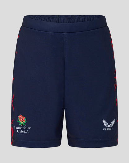 Navy blue shorts with red floral patterns and branding on a light gray background