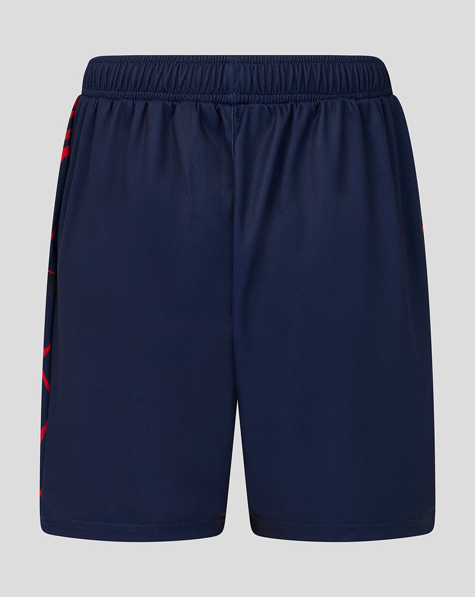 Navy blue shorts with a red stripe on a light gray background