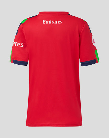 Red sports jersey with Emirates logo on a gray background