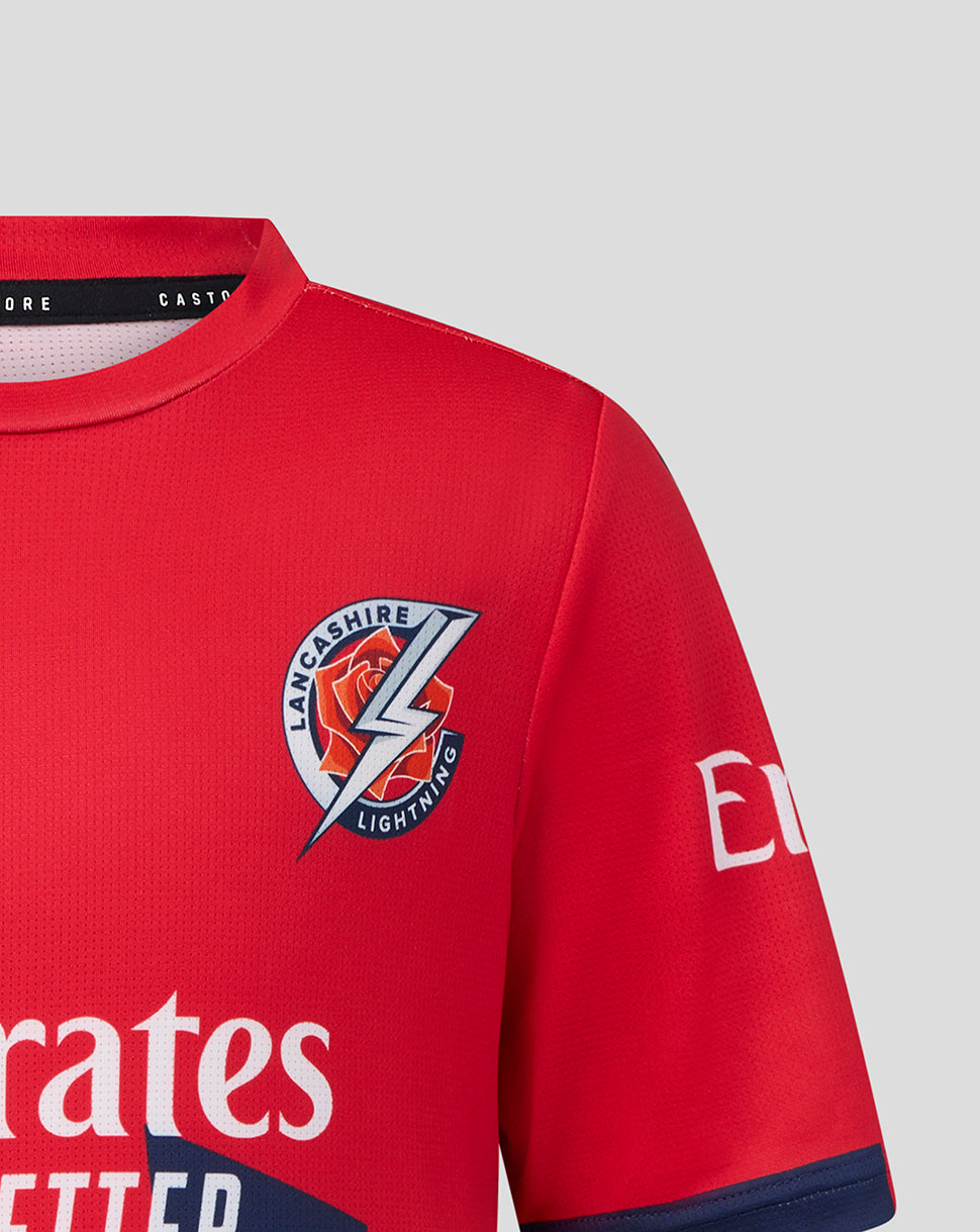 Red sports jersey with a logo and branding on a light gray background