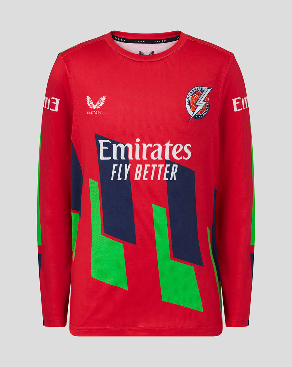 Red sports jersey with Emirates logo on a gray background