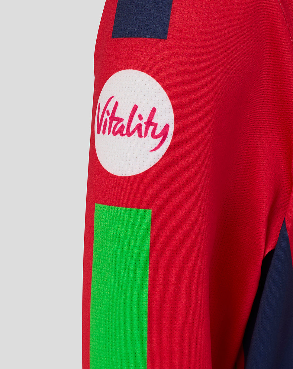 Red sports jersey with a 'Vitality' logo on a white background