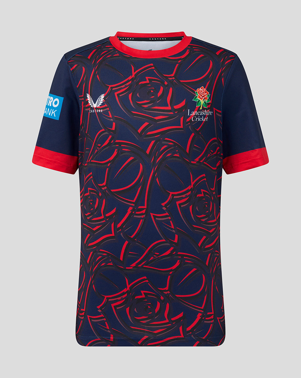 Navy blue sports jersey with red rose pattern on a gray background