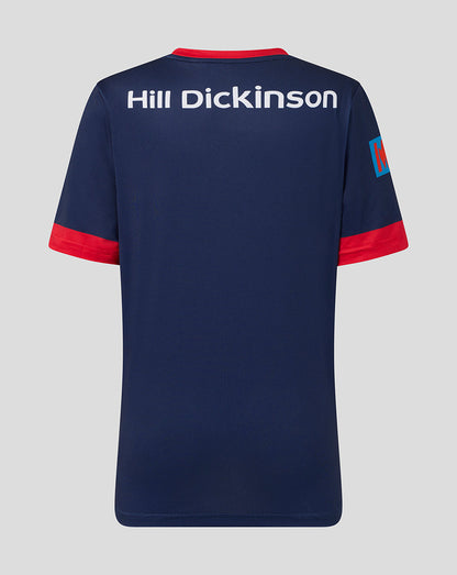 Navy blue sports jersey with red accents on a gray background