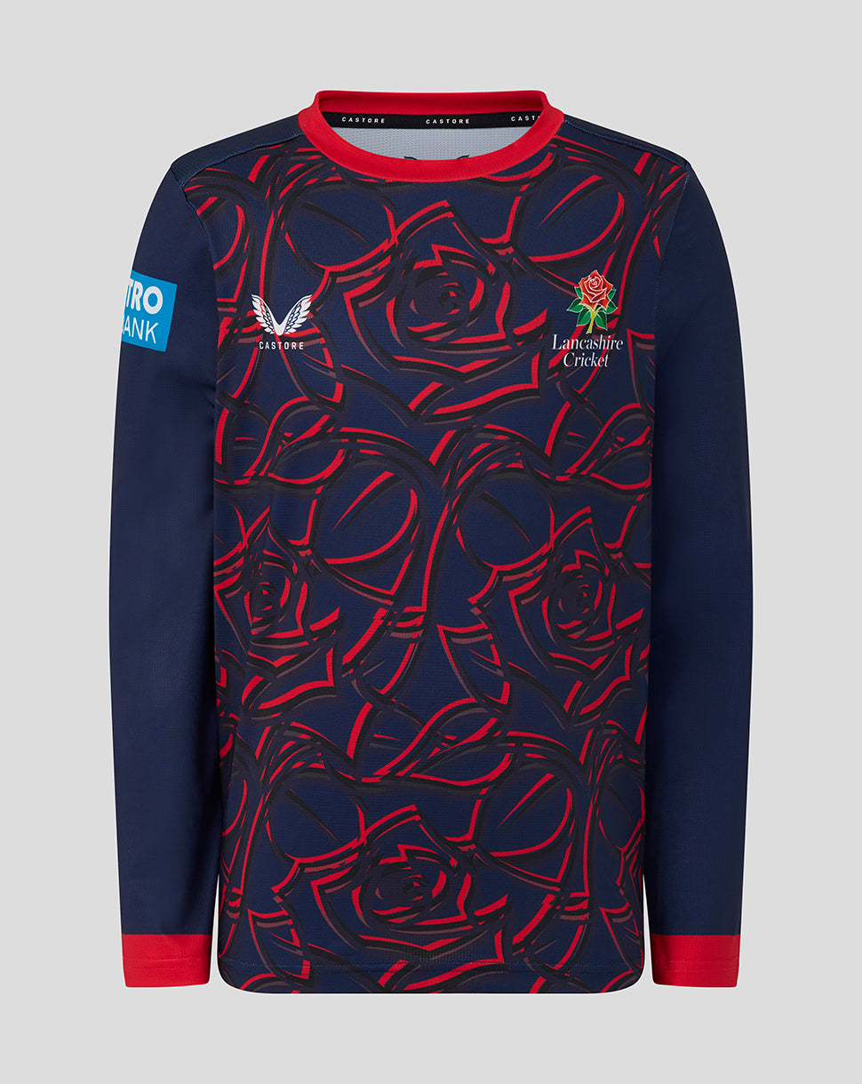 Navy long-sleeve shirt with red rose pattern on a gray background