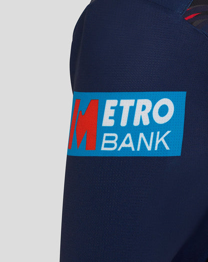 Navy sleeve with Metro Bank logo on a gray background